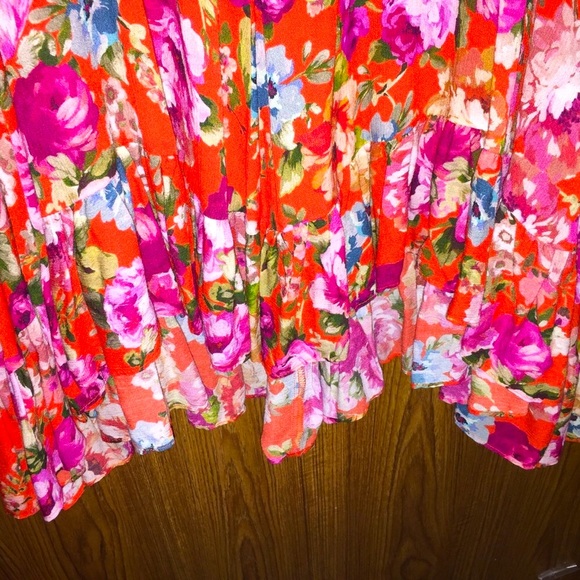 ICONS Objects of Devotion Floral Dress puff sleeve Red Pink Ruffle Neckline Hem - Picture 4 of 15